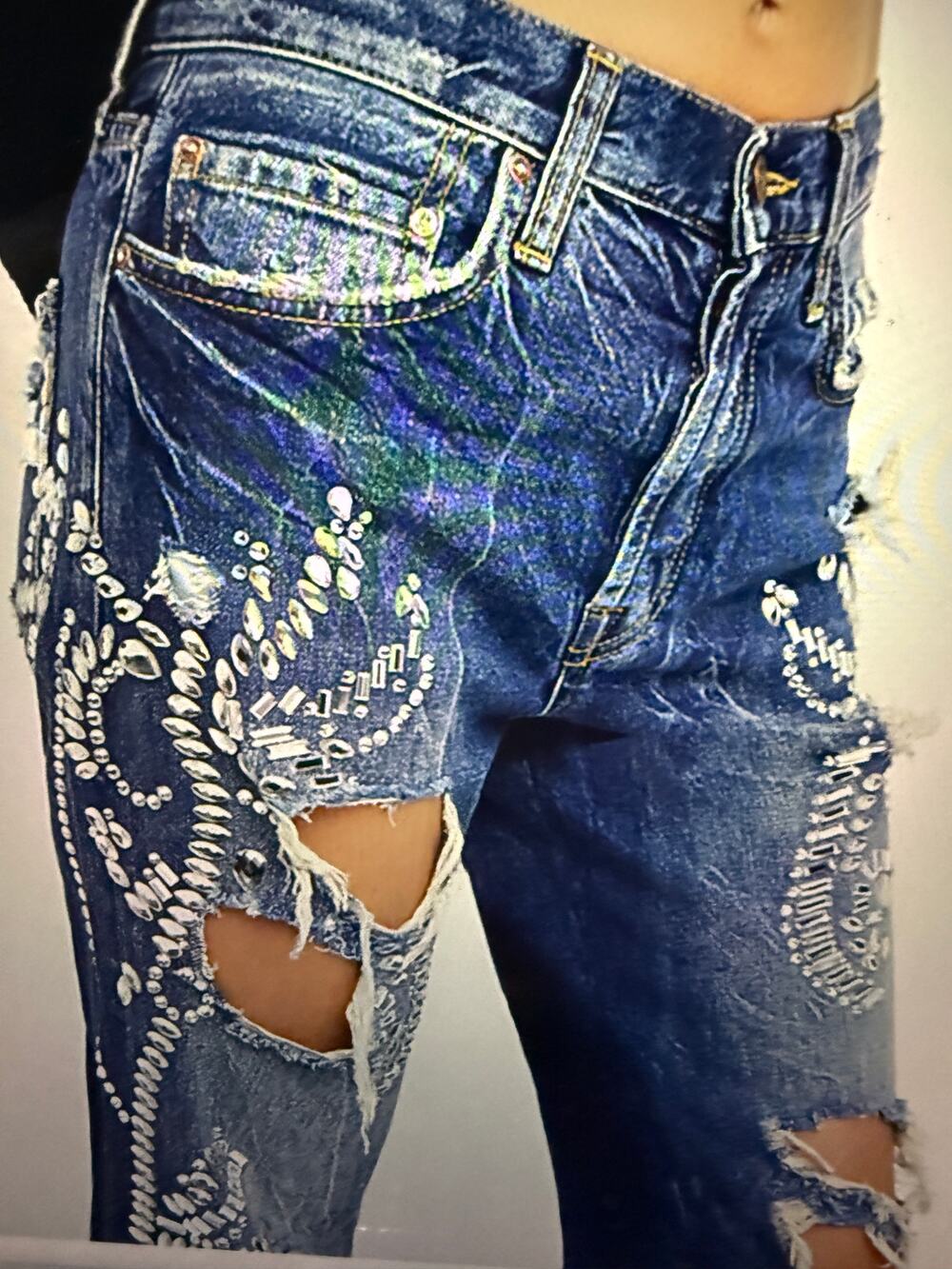 Free People Rhinestone Embellished Factory Distressed Boyfriend Jeans Size 27